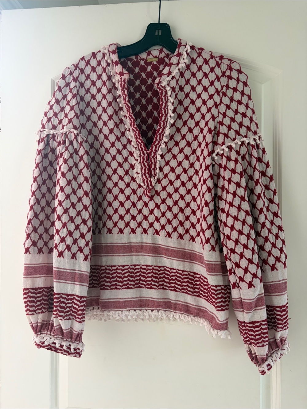 Dodo Bar Or Red and White Patterned Peasant Blouse - Women Tops small
